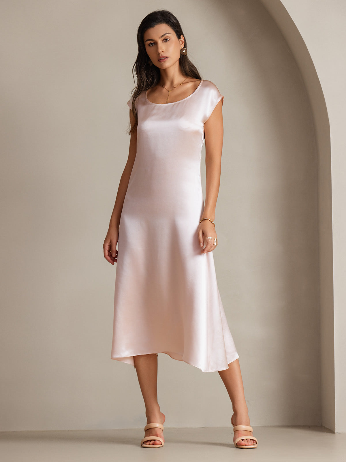 [Pink] SilkSilky-UK 19Momme Silk Round Neck Dress 006