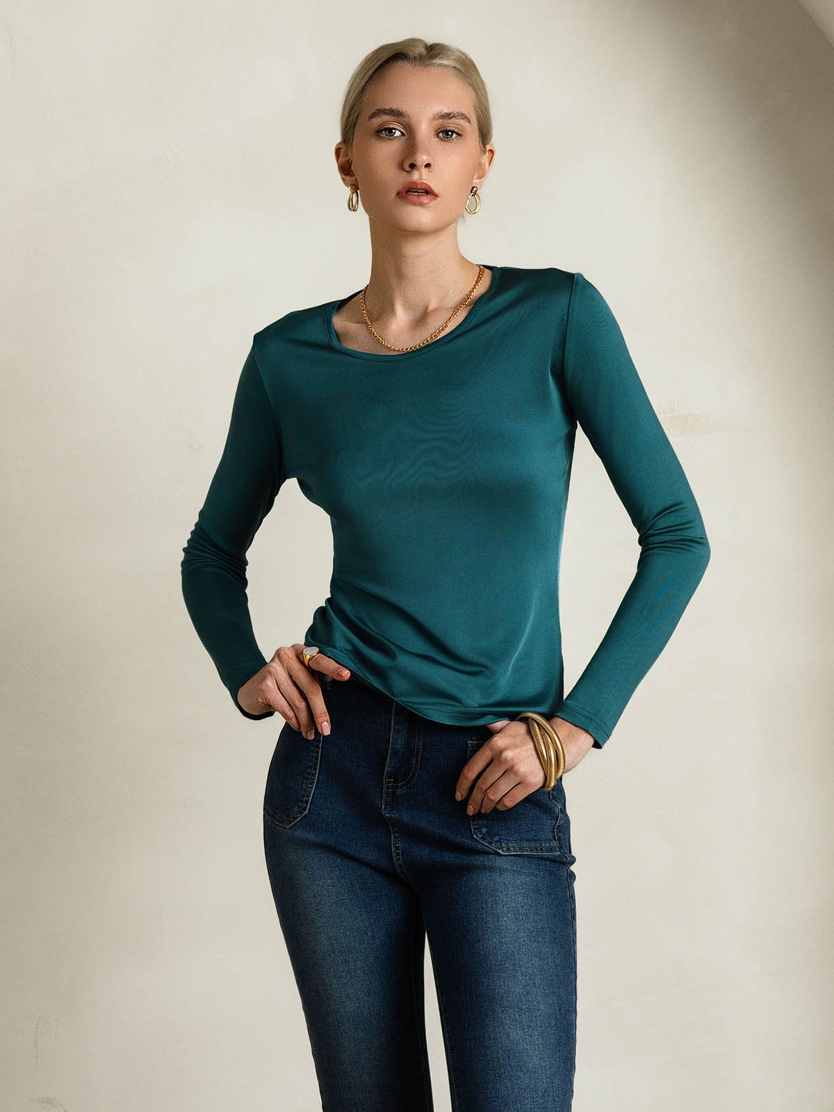 [Dark Green] SilkSilky-UK Silk Long Sleeve Round Neck Women's T-Shirt 003