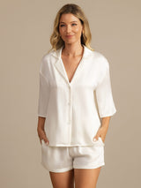 [White] SilkSilky-UK 19Momme Machine-Washable Silk Half Sleeve Notch Collar Women's Pyjamas 003