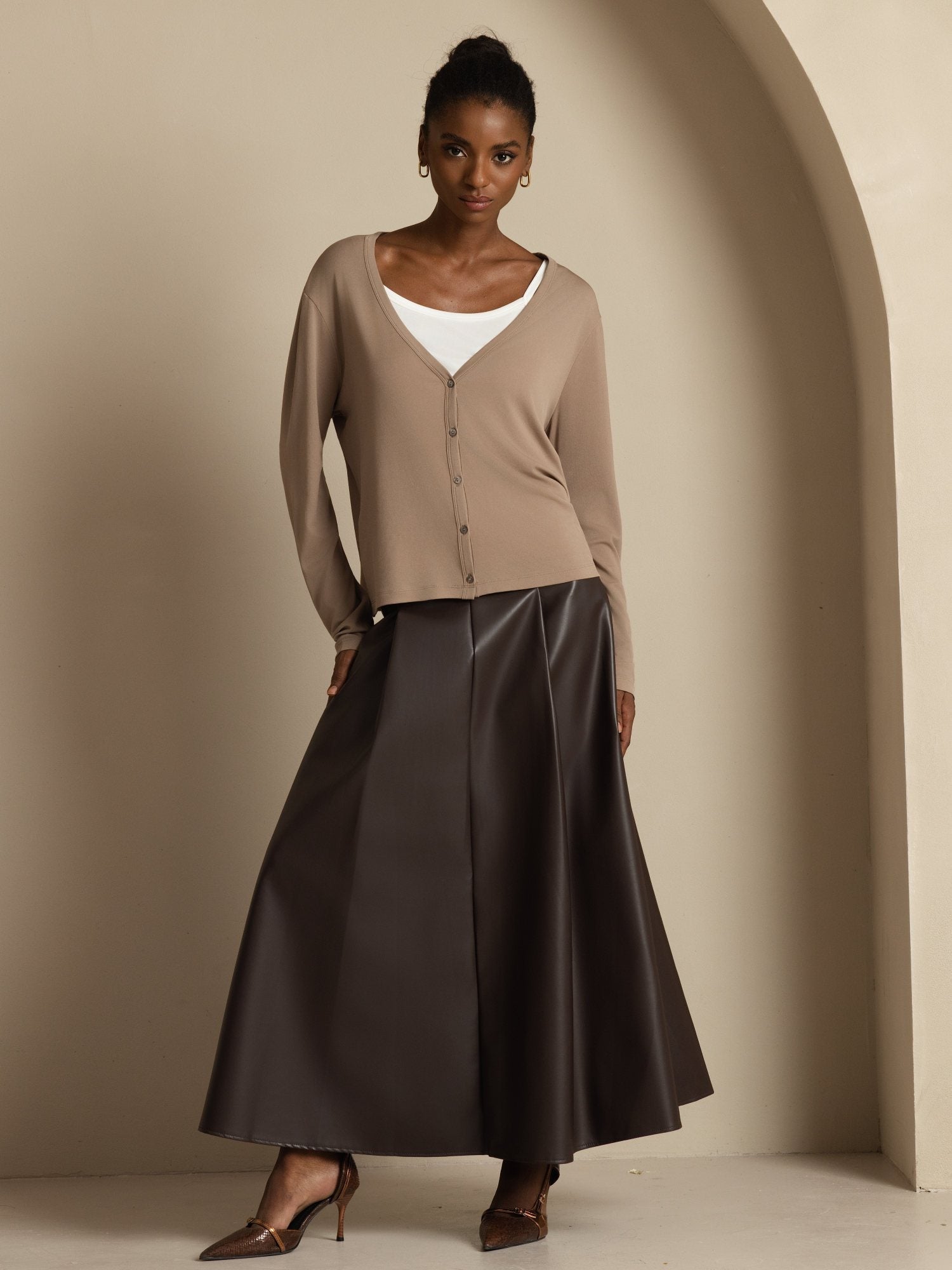 [Tan] SilkSilky-UK 19Momme 100% High-Twist Silk Jersey Long Sleeve V Neck Women's Cardigan 006