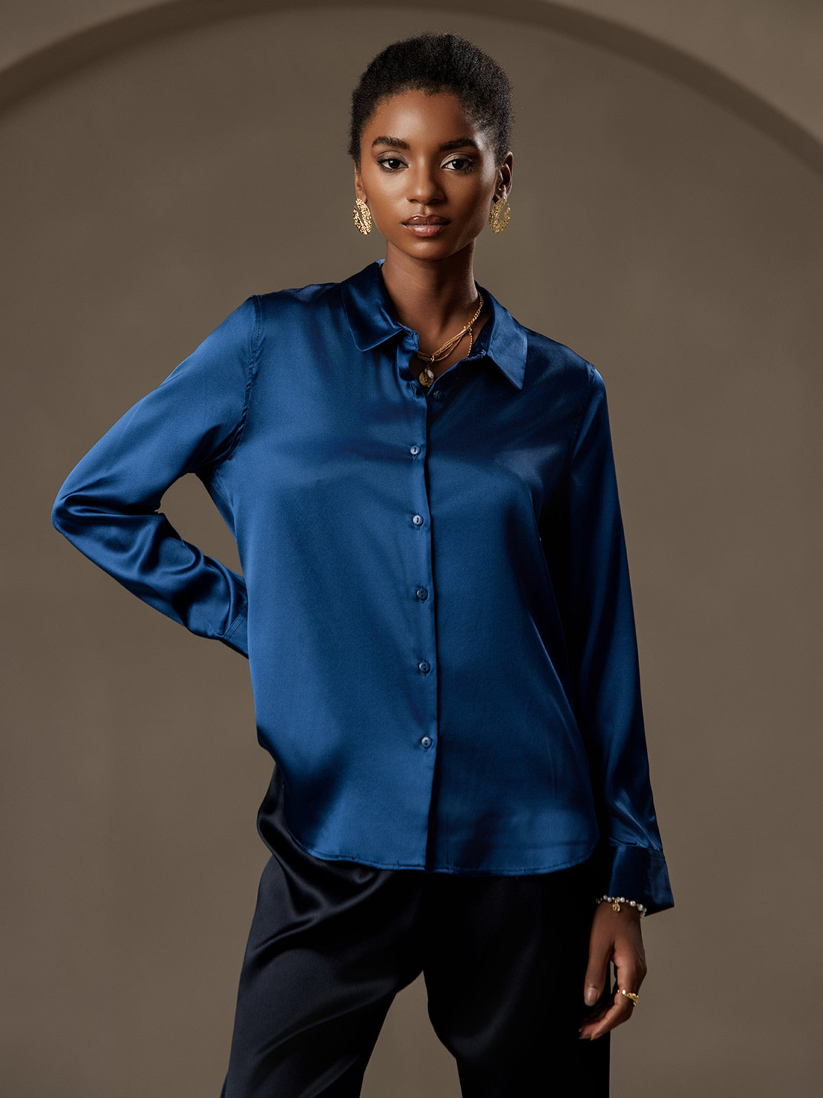 [Teal] SilkSilky-UK 19Momme Stretch Silk Charmeuse Long Sleeve Lapel Collar Women's Shirt 001