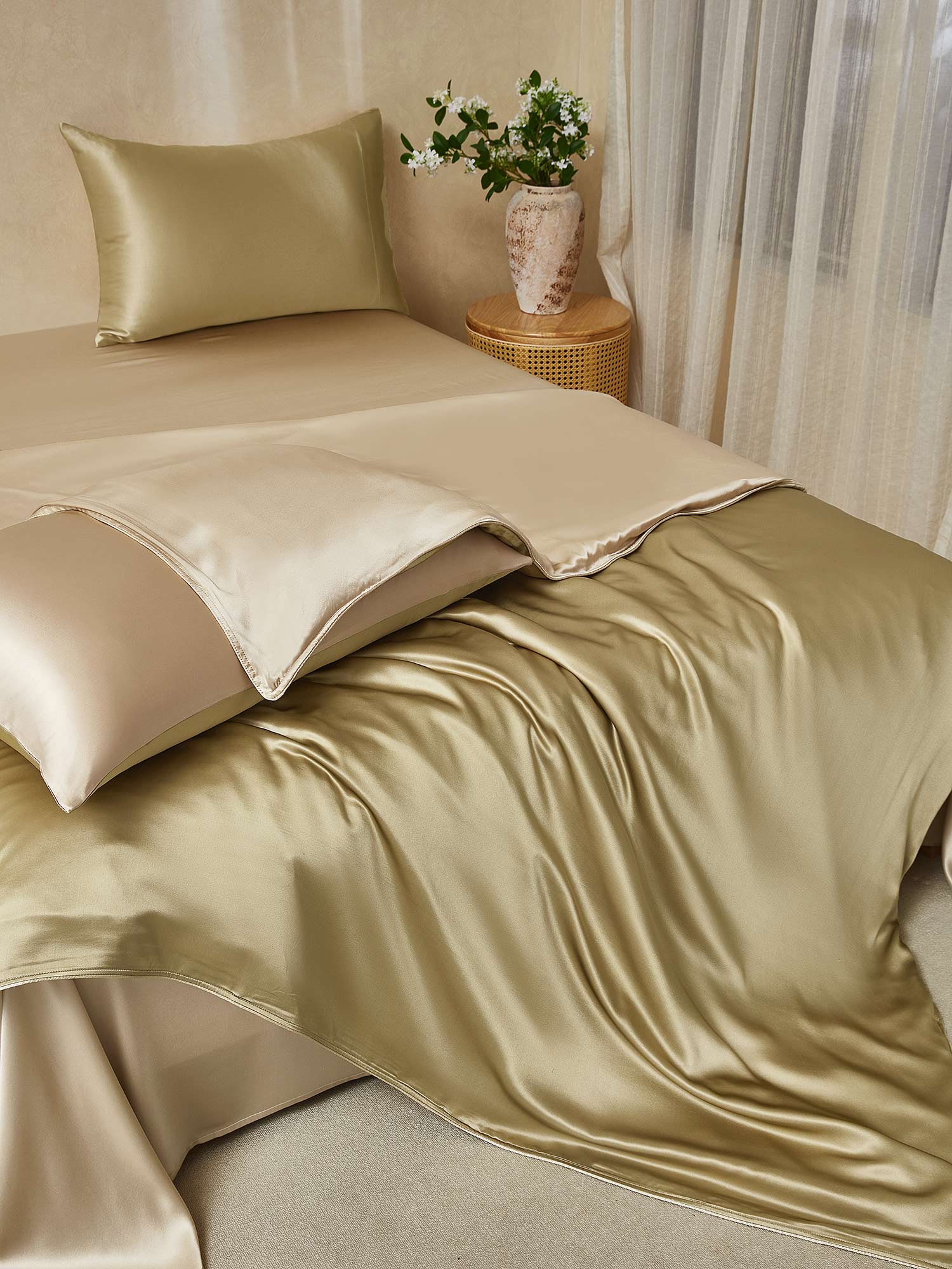 [Beige+Khaki] SilkSilky-UK 19Momme Pure Silk Bedding Set 001,