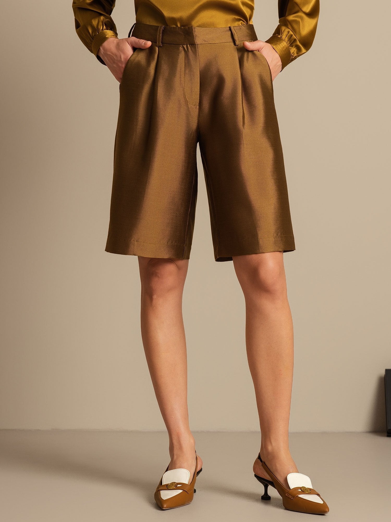 [Bronze] SilkSilky-UK 32Momme Silk-Wool Blend Womens Shorts 001,