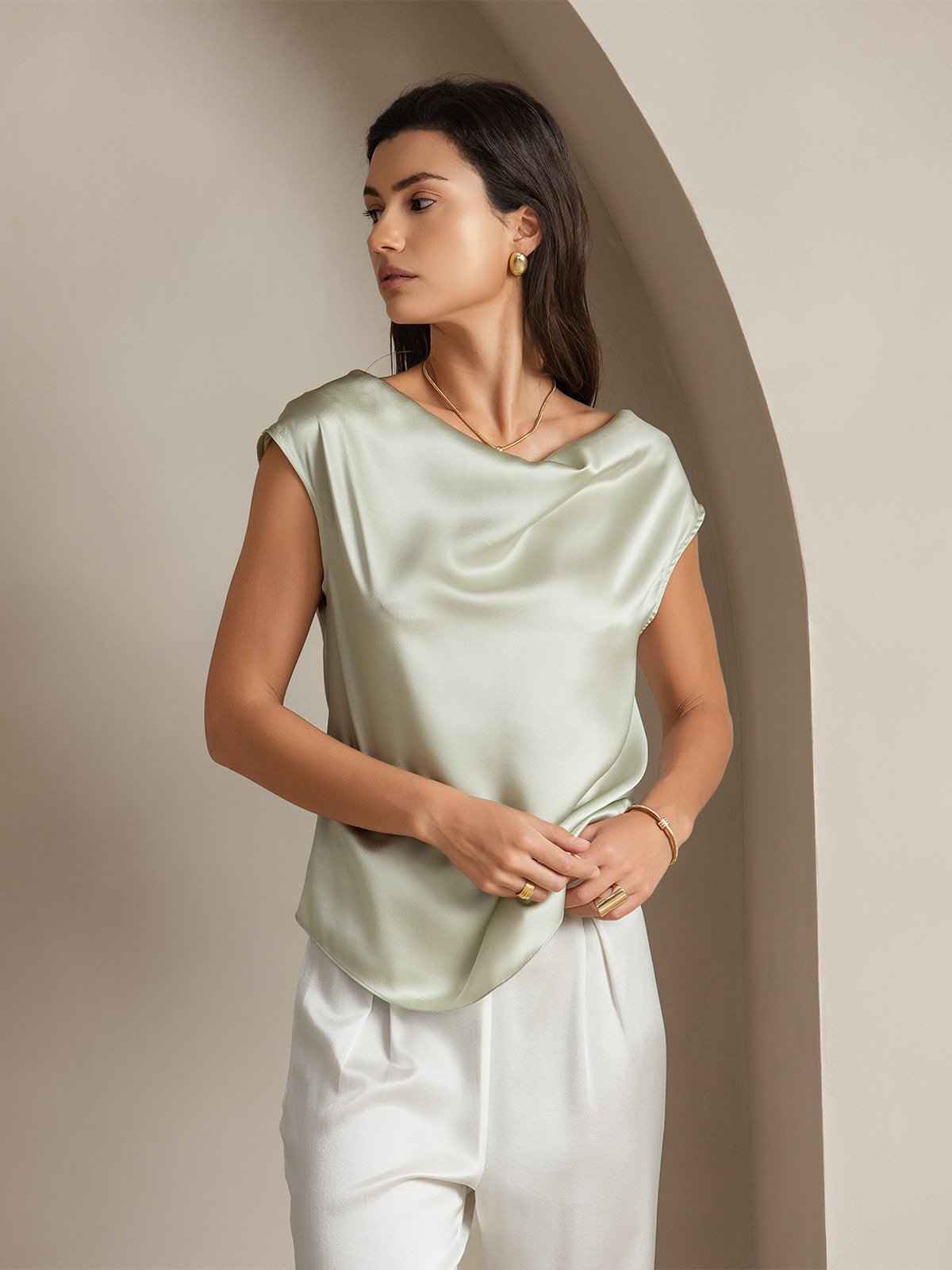 [Light Green] SilkSilky-UK 19Momme Silk Cap Sleeve Cowl Neck Women's T-Shirt 001