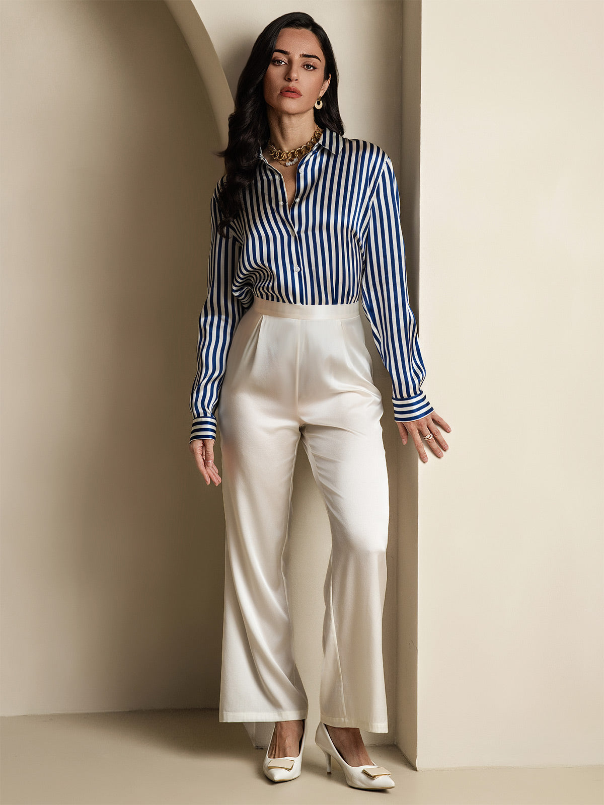 [Navy Stripe] SilkSilky-UK Silk Long Sleeve Collar Women's Shirt 010