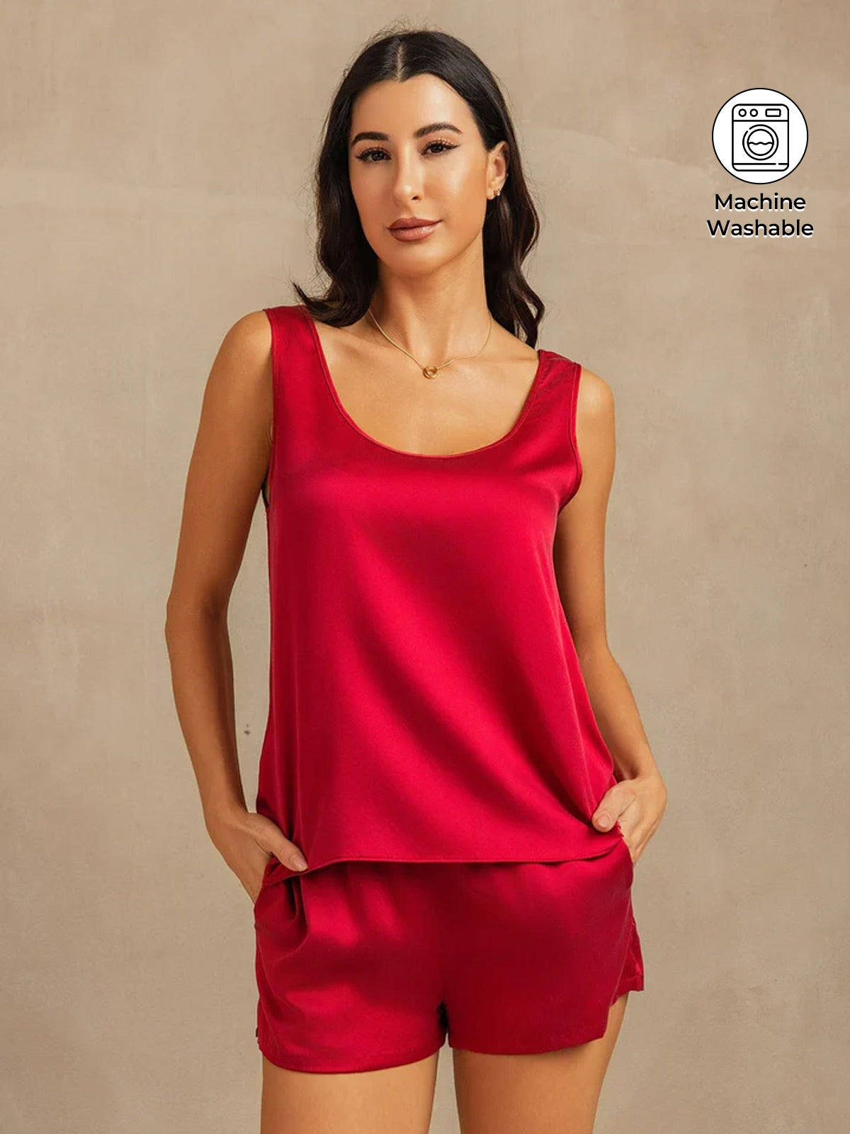 [Wine] SilkSilky-UK 19Momme Machine-Washable Silk U Neck Women's Pyjamas 001