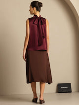 [Dark Red] SilkSilky-UK 19Momme Stretch Silk Charmeuse Sleeveless Tie Neck Blouse 011
