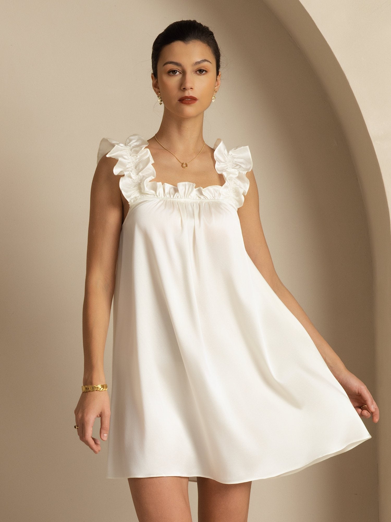 [White] SilkSilky-UK 19Momme Silk Sleeveless Square Neck Dress 001