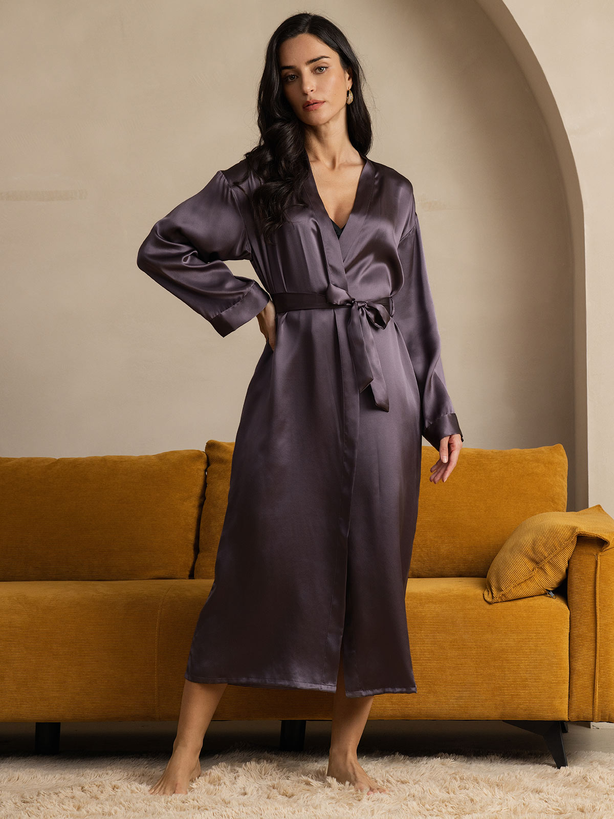 [Purple Gray] SilkSilky-UK Pure Silk Wrap Women's Dressing Gown 003