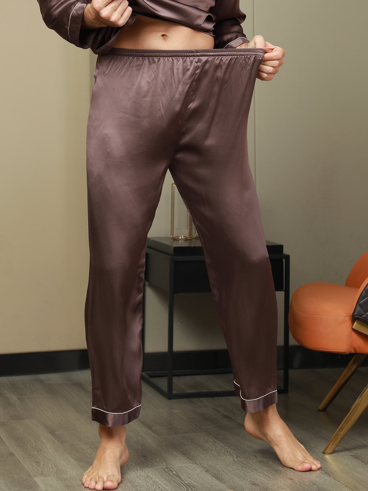 [Coffee] SilkSilky-UK Pure Silk Mens Sleep Bottoms 001