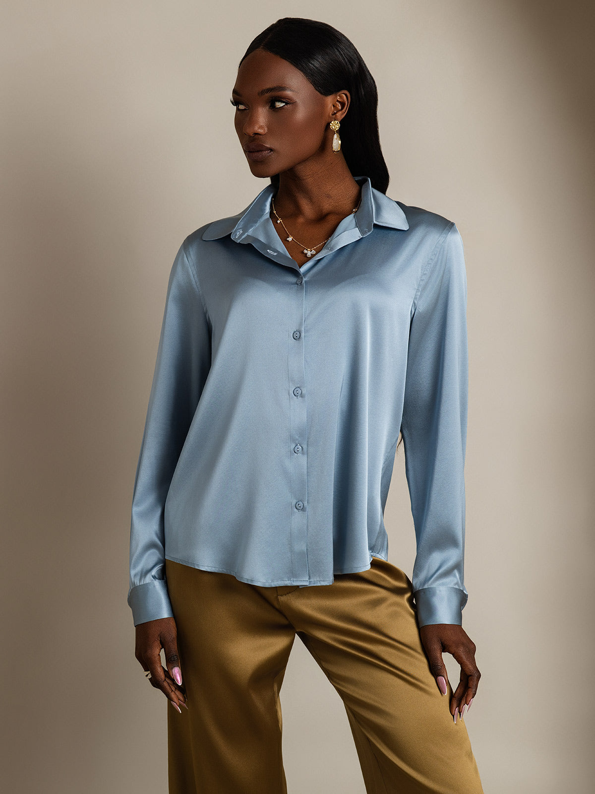 [Grayish Blue] SilkSilky-UK 19Momme Stretch Silk Charmeuse Long Sleeve Lapel Collar Women's Shirt 001