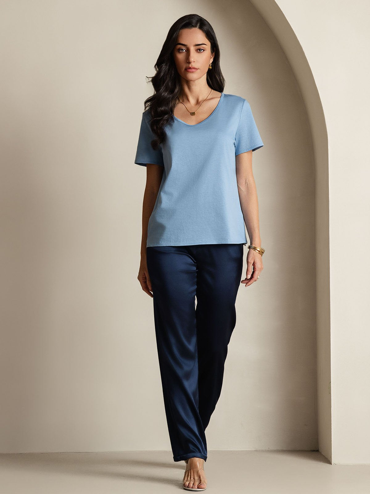 SilkSilky-UK Silk Short Sleeve V Neck Women's T-Shirt Blue 006