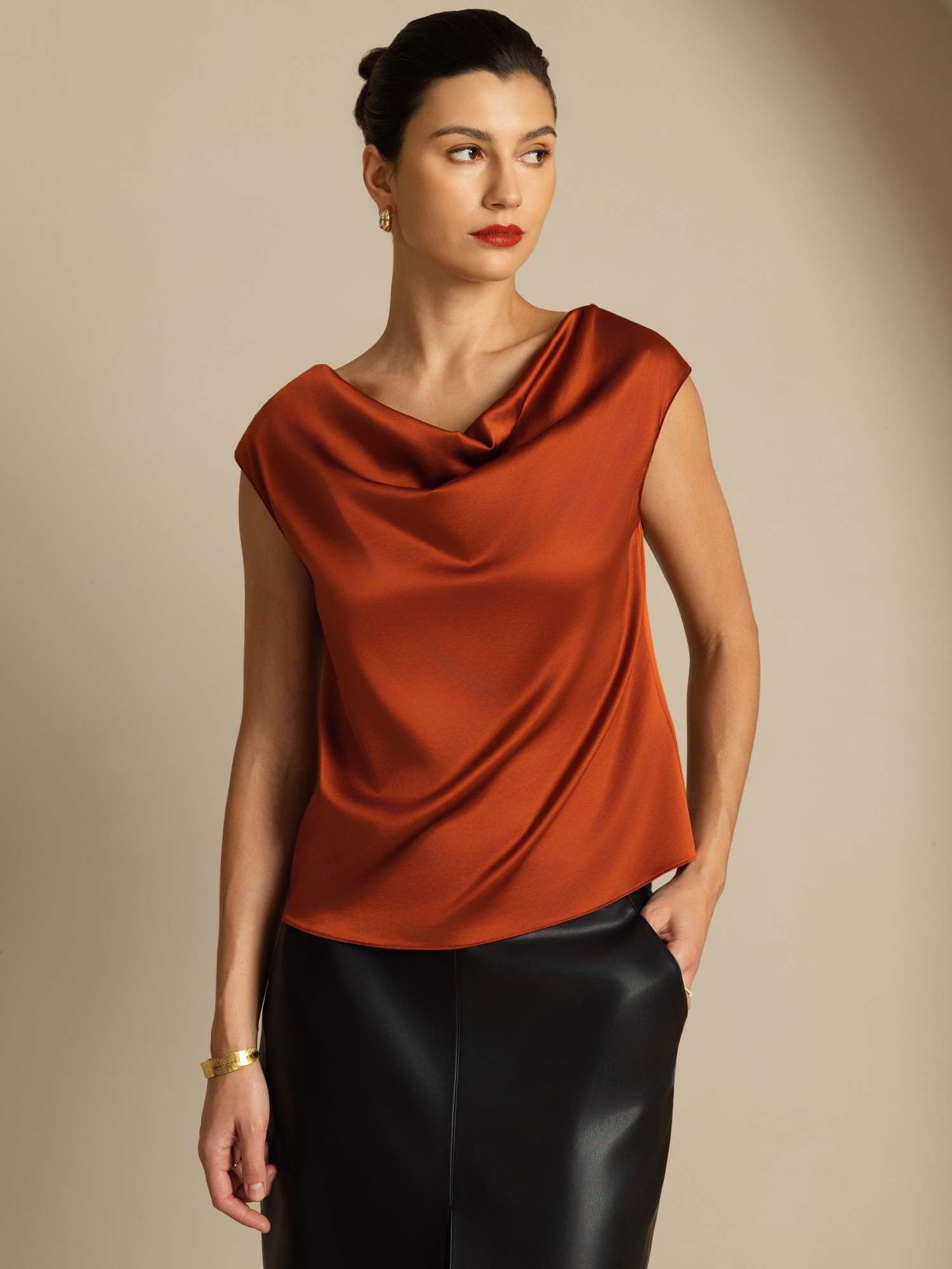 [Caramel] SilkSilky-UK 19Momme Silk Cap Sleeve Cowl Neck Women's T-Shirt 005