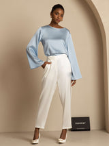[Grayish Blue] SilkSilky-UK Long Sleeve Boat Neck Blouse 007