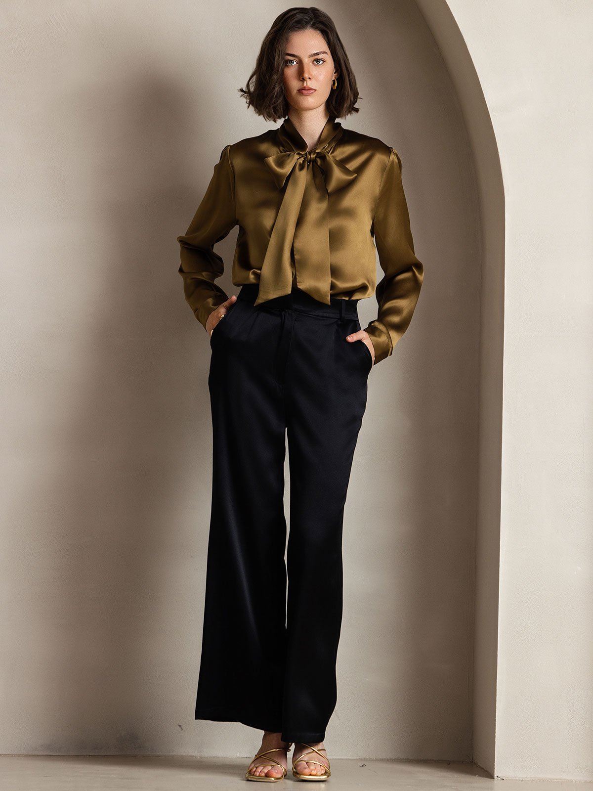 [Brown] SilkSilky-UK 19Momme Silk Long Sleeve Tie Neck Women's Shirt 007
