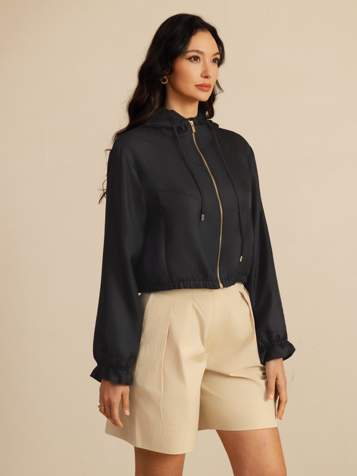 [Black] SilkSilky-UK 18Momme Silk Satin Surah Long Sleeve High Neck Women's Outerwear 006