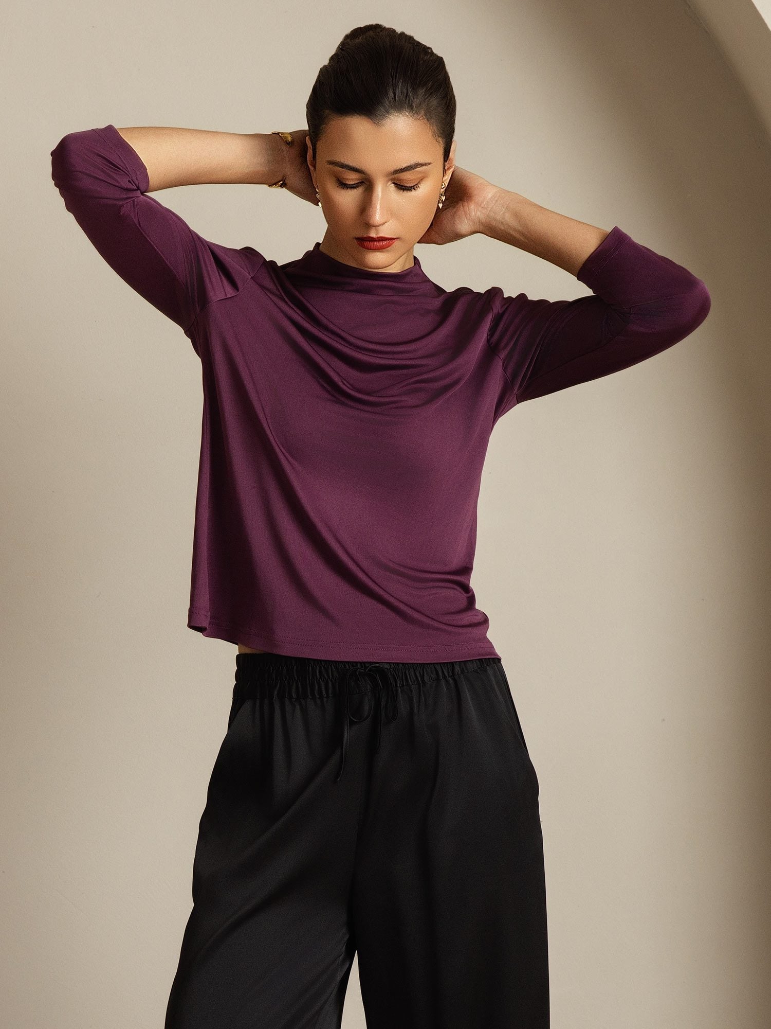 [Purple] SilkSilky-UK Pure Silk Mock Women's T-Shirt 007