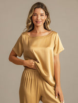 [Tan] SilkSilky-UK 19Momme Machine-Washable Silk Short Sleeve Women's Pyjamas 006