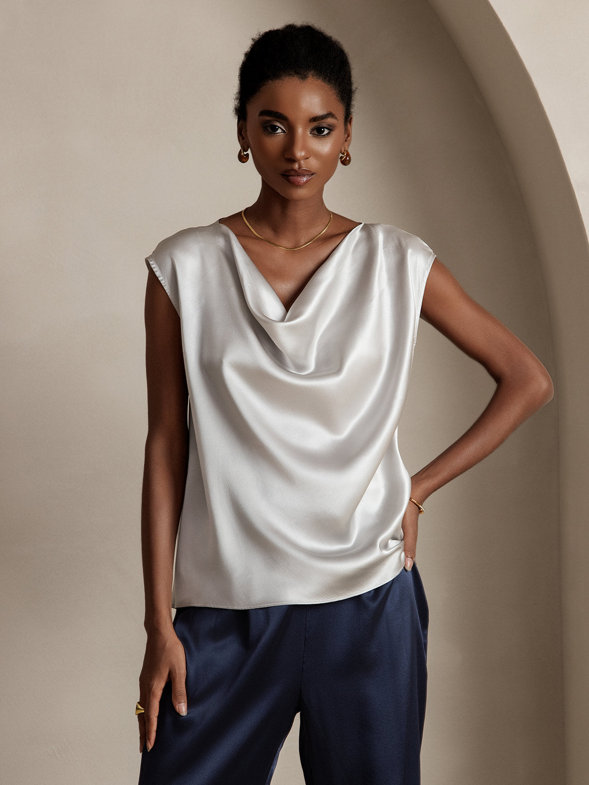 [Light Gray] SilkSilky-UK 19Momme Silk Cap Sleeve Cowl Neck Women's T-Shirt 001