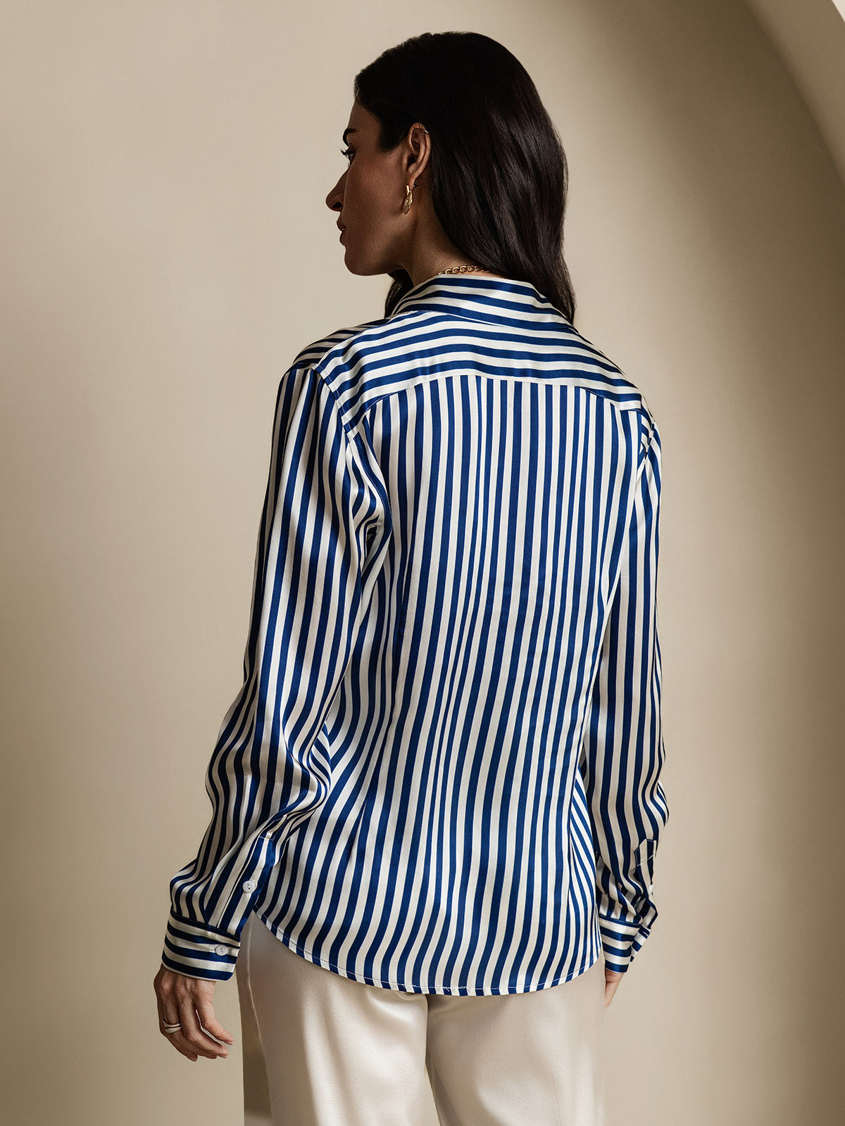 [Navy Stripe] SilkSilky-UK Silk Long Sleeve Collar Women's Shirt 002