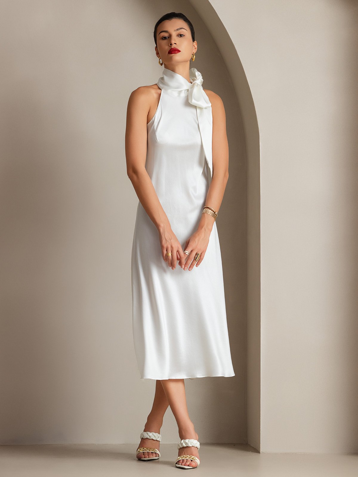 [White] SilkSilky-UK 19Momme Silk Sleeveless Tie Neck Dress 001