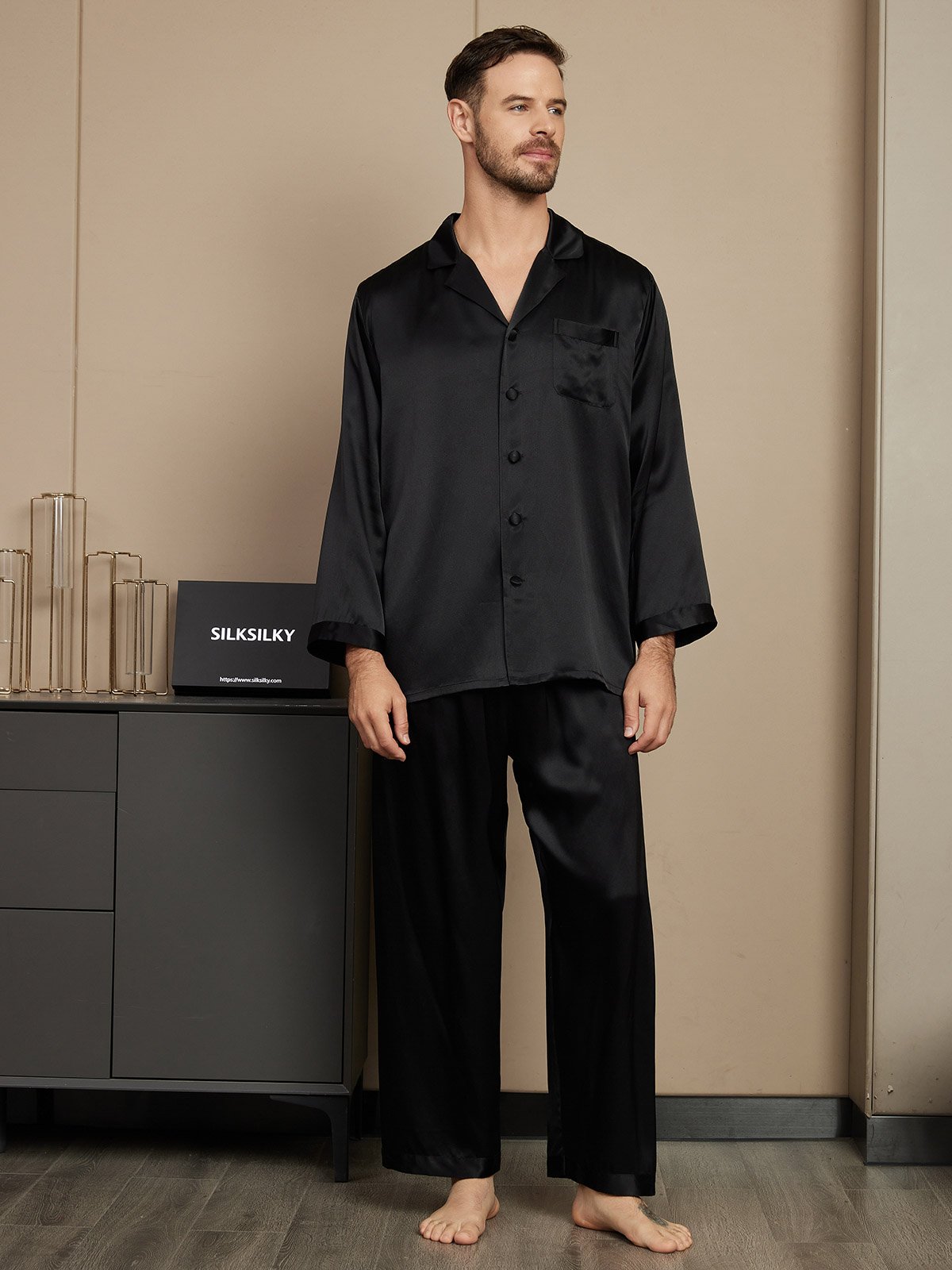 [Black] SilkSilky-UK Pure Silk Mens Pajamas 001