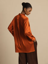 [Caramel] SilkSilky-UK 19Momme Stretch Silk Charmeuse Long Sleeve Stand Collar Blouse 002