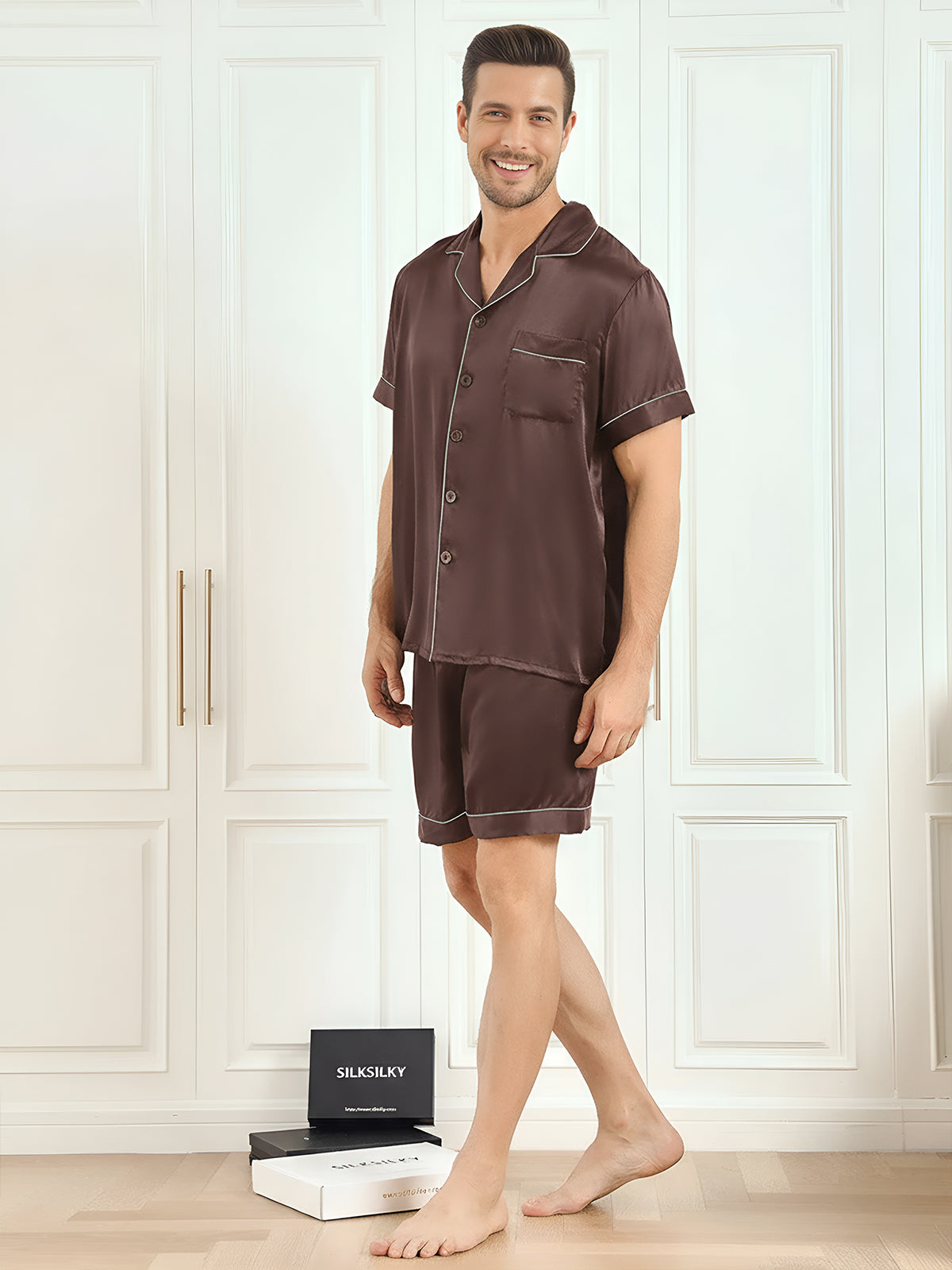 [Coffee] SilkSilky-UK Pure Silk Mens Pajamas 005