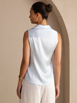 [Light Blue] SilkSilky-UK Sleeveless Lapel Collar Women's Shirt 002