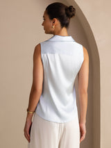 [Light Blue] SilkSilky-UK Sleeveless Lapel Collar Women's Shirt 002