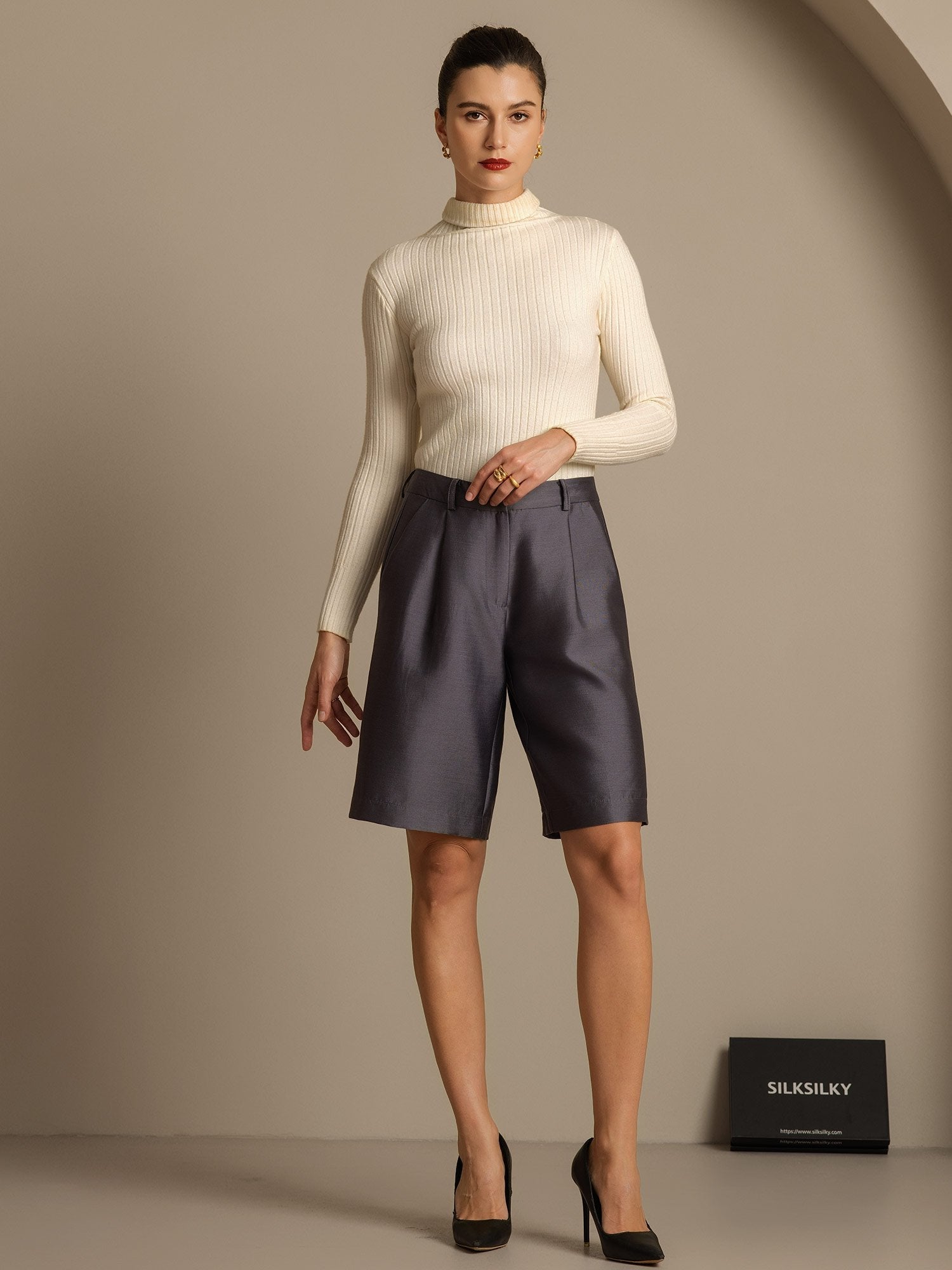 [Gray] SilkSilky-UK 32Momme Silk-Wool Blend Womens Shorts 006,