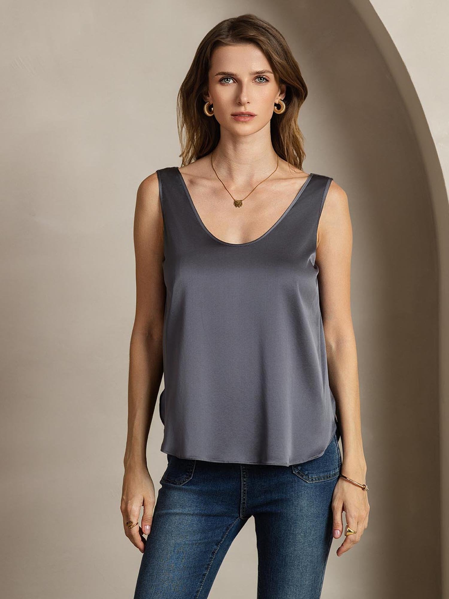 [DarkGray] SilkSilky-UK 19Momme Silk U Neck Women's T-Shirt 002