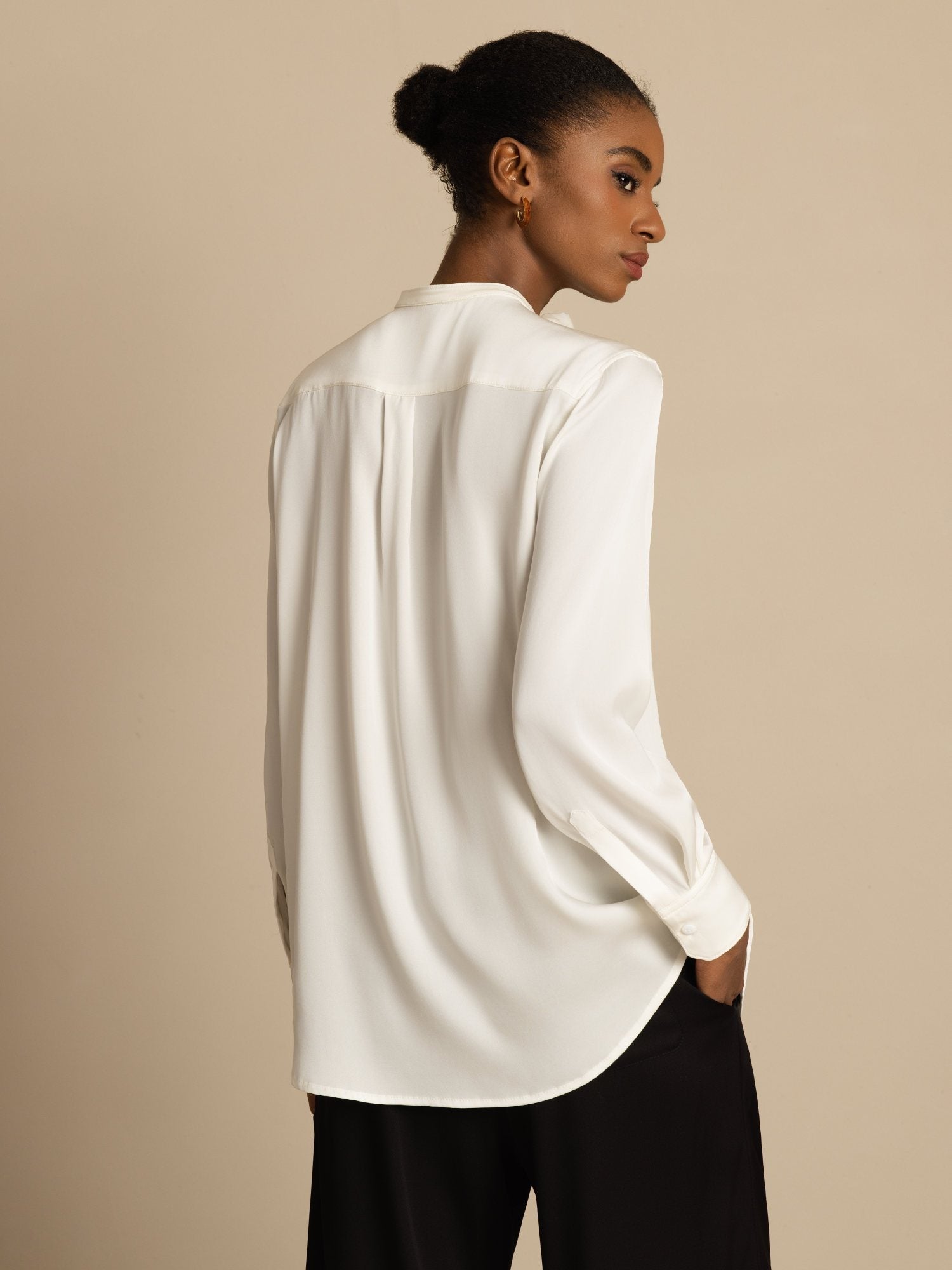 [White] SilkSilky-UK 19Momme Stretch Silk Double Georgette Long Sleeve Collar Blouse 002