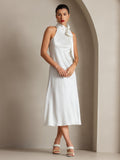 SilkSilky UK 19Momme Silk Sleeveless Tie Neck Dress White 005