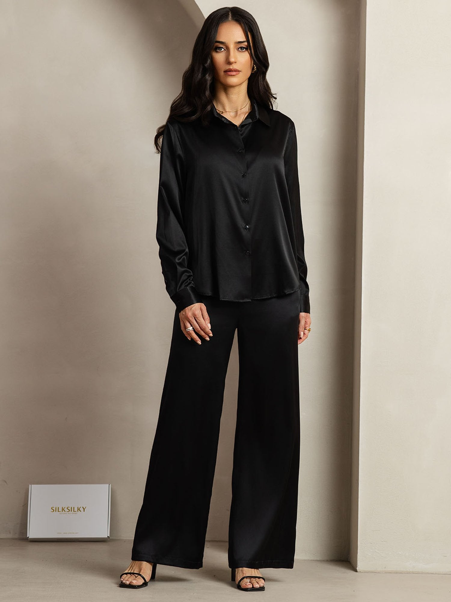 [Black] SilkSilky-UK 19Momme Silk Collar Women''s Outfit Sets 003