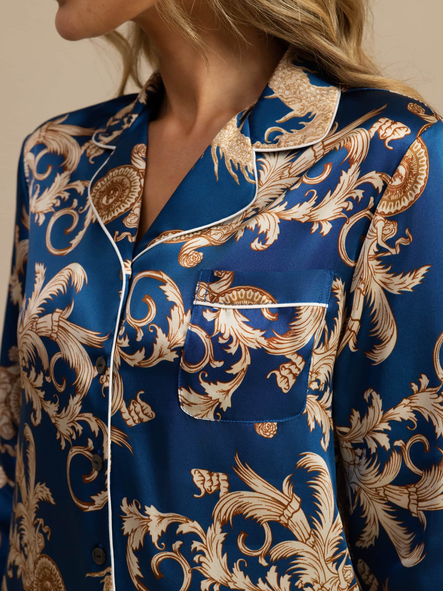 [Navy Dragon] SilkSilky-UK Long Sleeve Notch Collar Women's Pyjamas 007