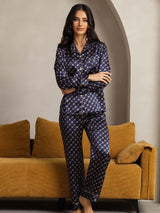 [Navy Chain] SilkSilky-UK Long Sleeve Lapel Collar Women's Pyjamas 005