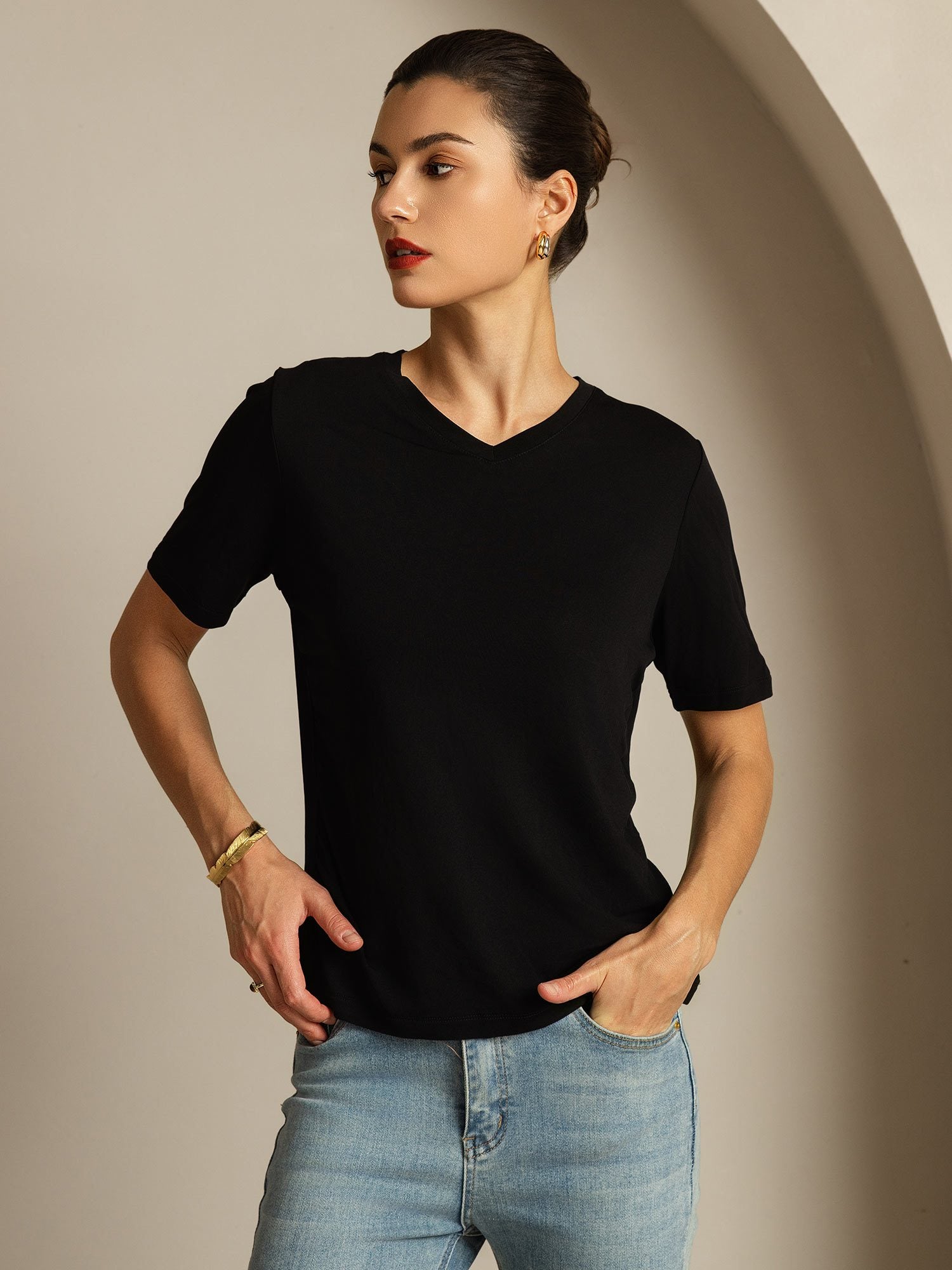 [Black] SilkSilky-UK Pure Silk V Neck Women's T-Shirt 006
