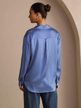 [Blue Pinstripe] SilkSilky-UK Long Sleeve Lapel Collar Women's Shirt 002