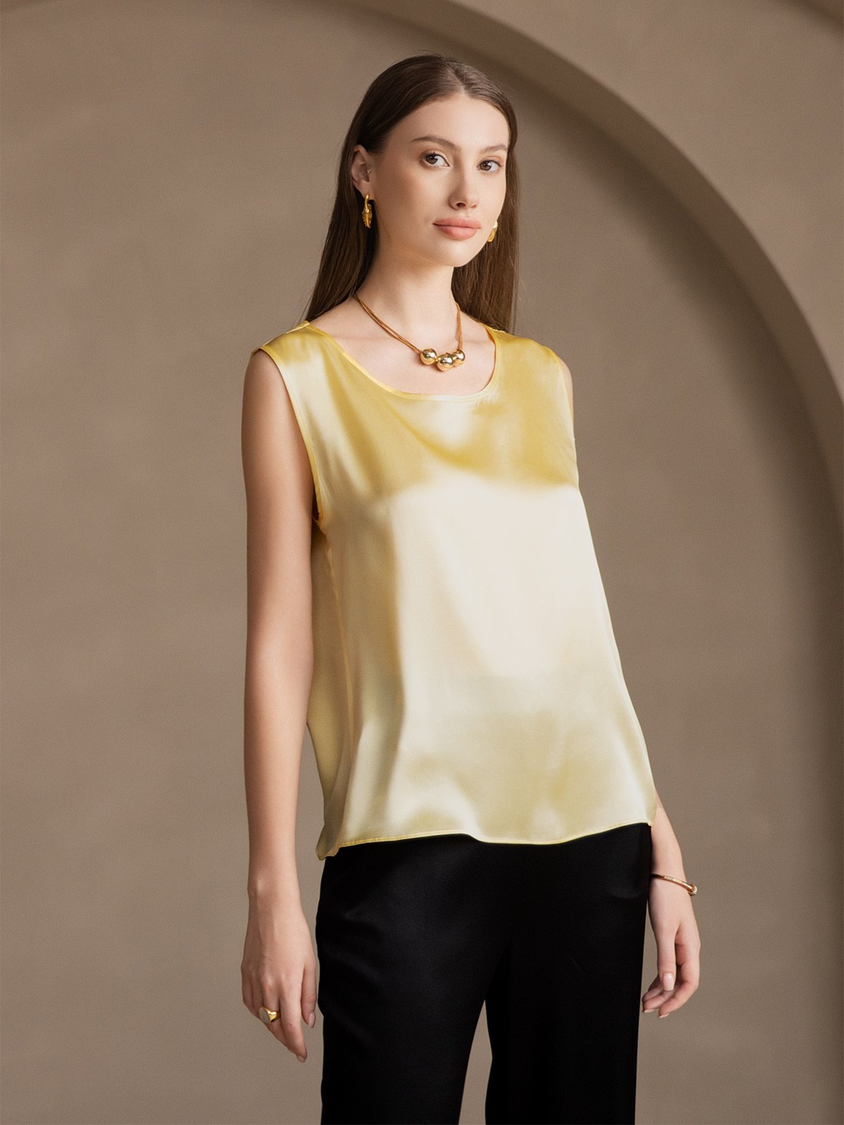 [Light Yellow] SilkSilky-UK 19Momme Silk Round Neck Camisole 005