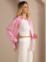 [Pink Pinstripe] SilkSilky-UK Long Sleeve Lapel Collar Women's Shirt 005