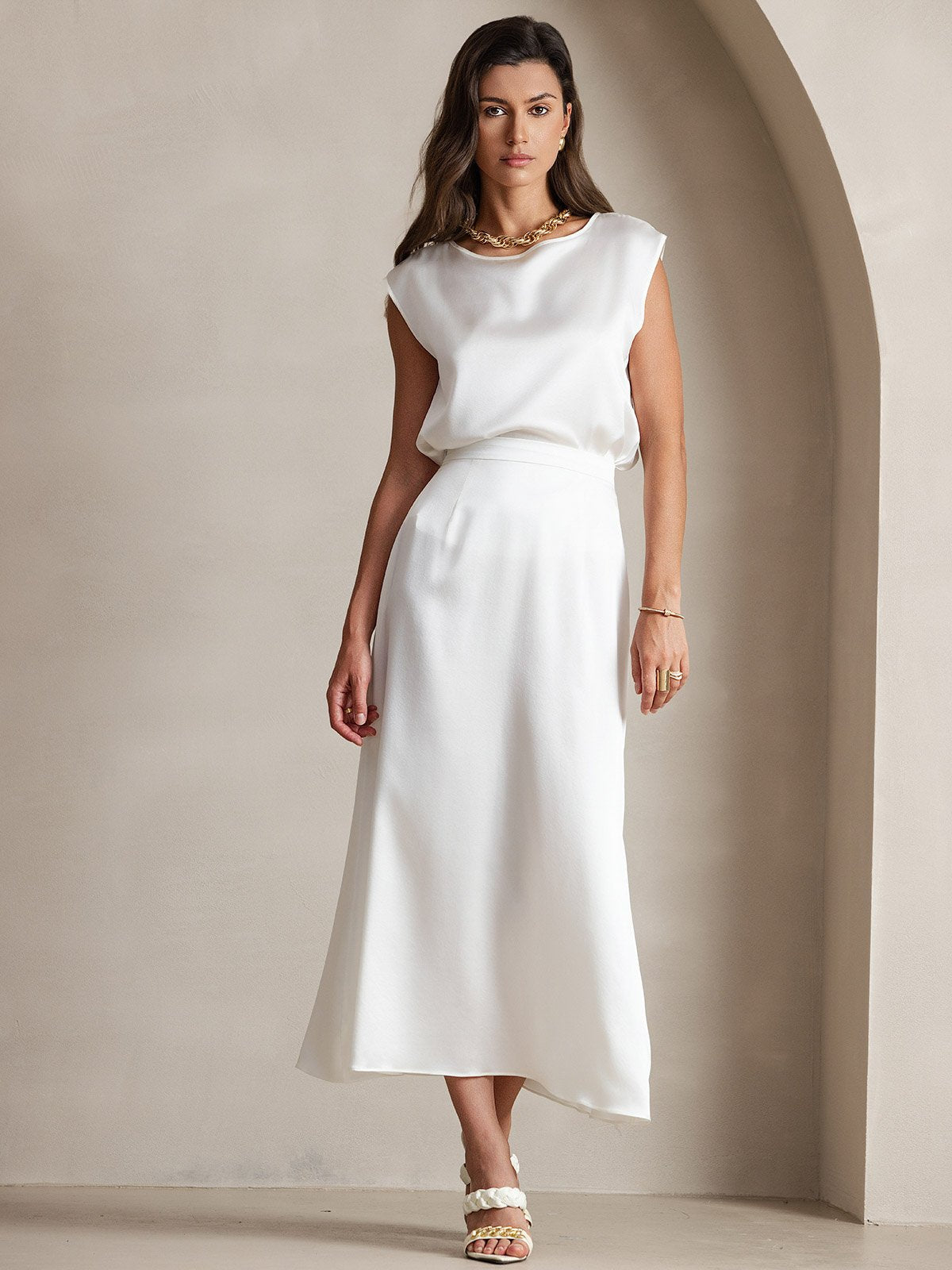 [White] SilkSilky-UK 19Momme Stretch Silk Charmeuse Skirt 003