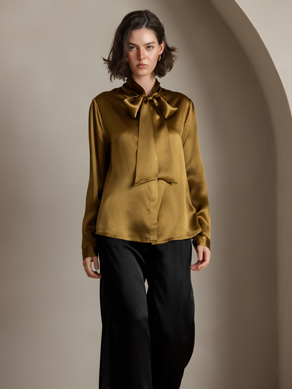 [Brown] SilkSilky-UK 19Momme Silk Long Sleeve Tie Neck Women's Shirt 001