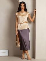 [Champagne] SilkSilky-UK Cap Sleeve Round Neck Women's T-Shirt 004