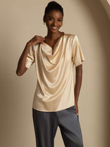 [Champagne] SilkSilky-UK Short Sleeve Cowl Neck Women's Blouse 003