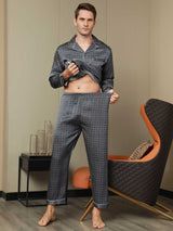 [Navy Ginkgo] SilkSilky-UK 19Momme Long Sleeve Notch Collar Men's Pyjamas 008
