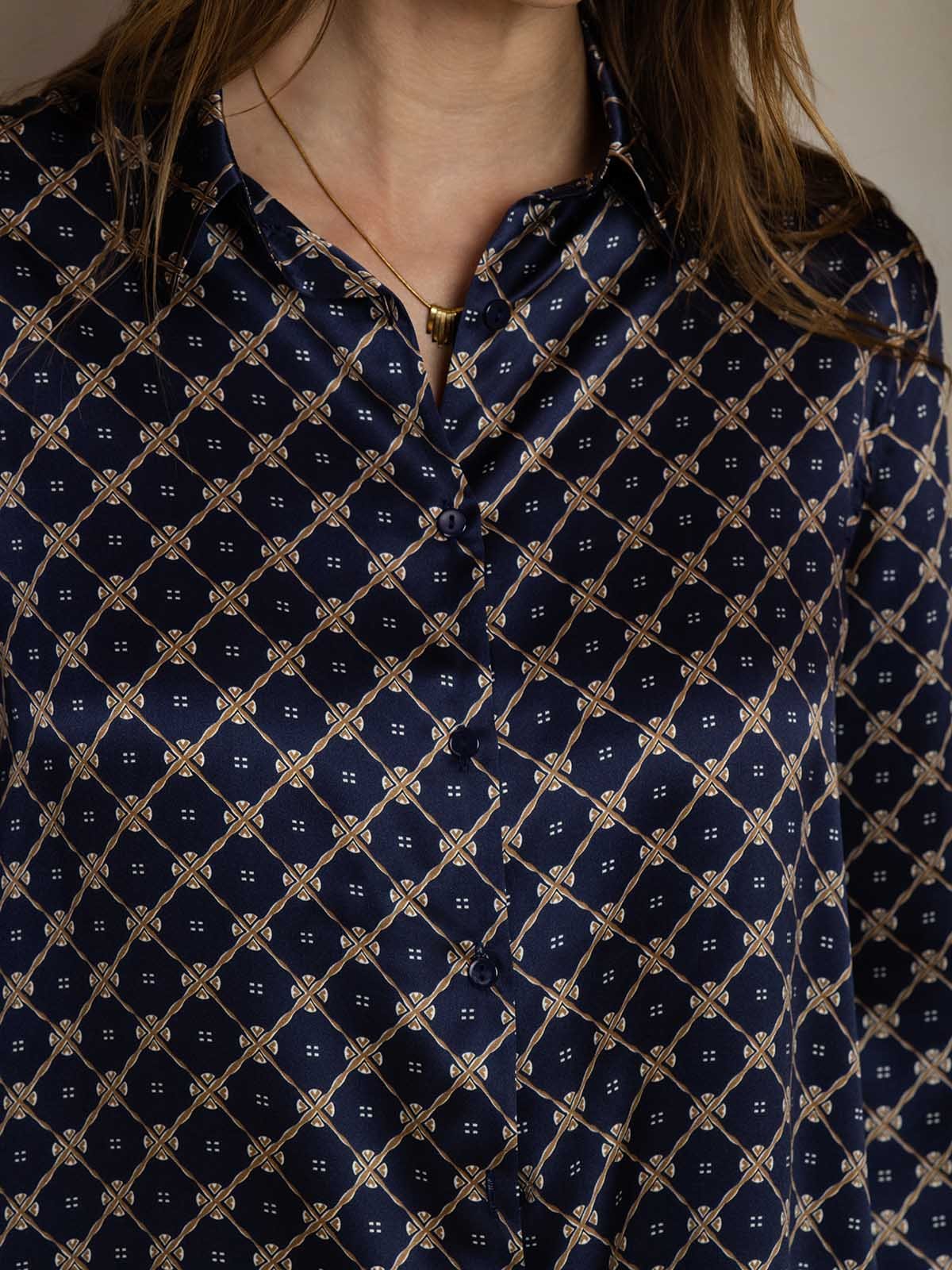 [Navy Chain] SilkSilky-UK 19Momme Silk Collar Women''s Outfit Sets 005
