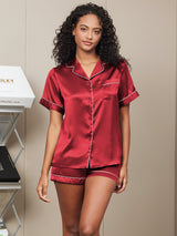 [Wine] SilkSilky-UK Short Sleeve Lapel Collar Women's Pyjamas 004