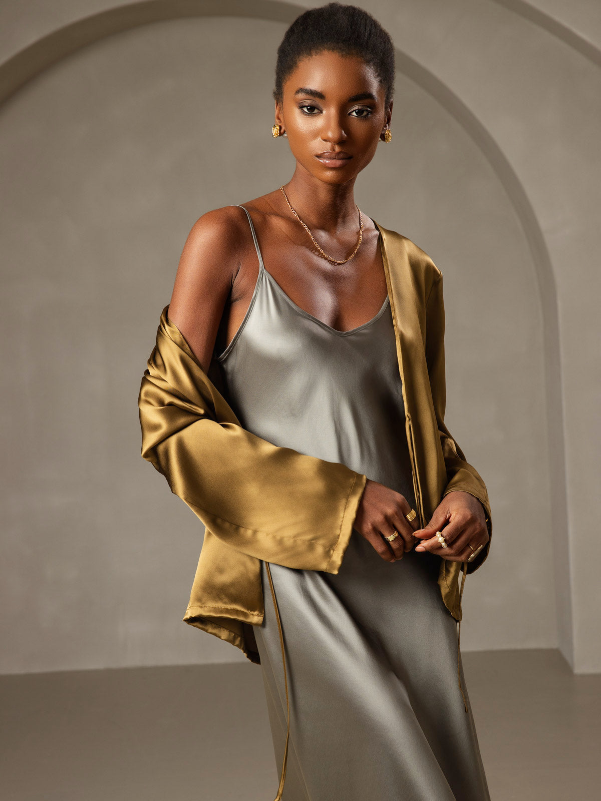 [Grayish Green] SilkSilky-UK Pure Silk Round Neck Dress 003