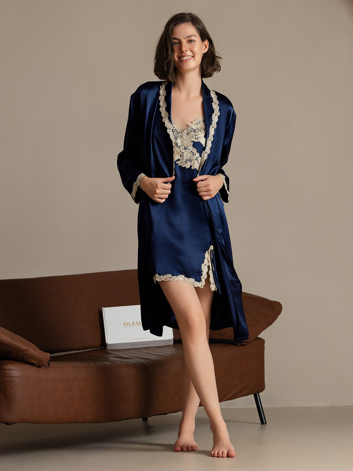 SilkSilky-UK Pure Silk Long Sleeve V Neck Nightdress&Dressing gowns DarkBlue 003